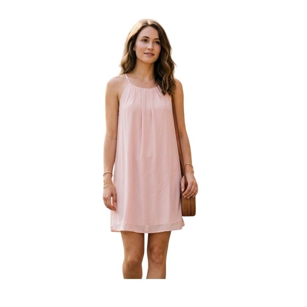 Monteau Shift Dress Light Pink Knit Mini Flowy Pleated Sleeveless Lined S